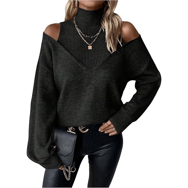 Women's Cold Shoulder Choker Sweater - Long Sleeve Knitted Pullover Jumper Tops
