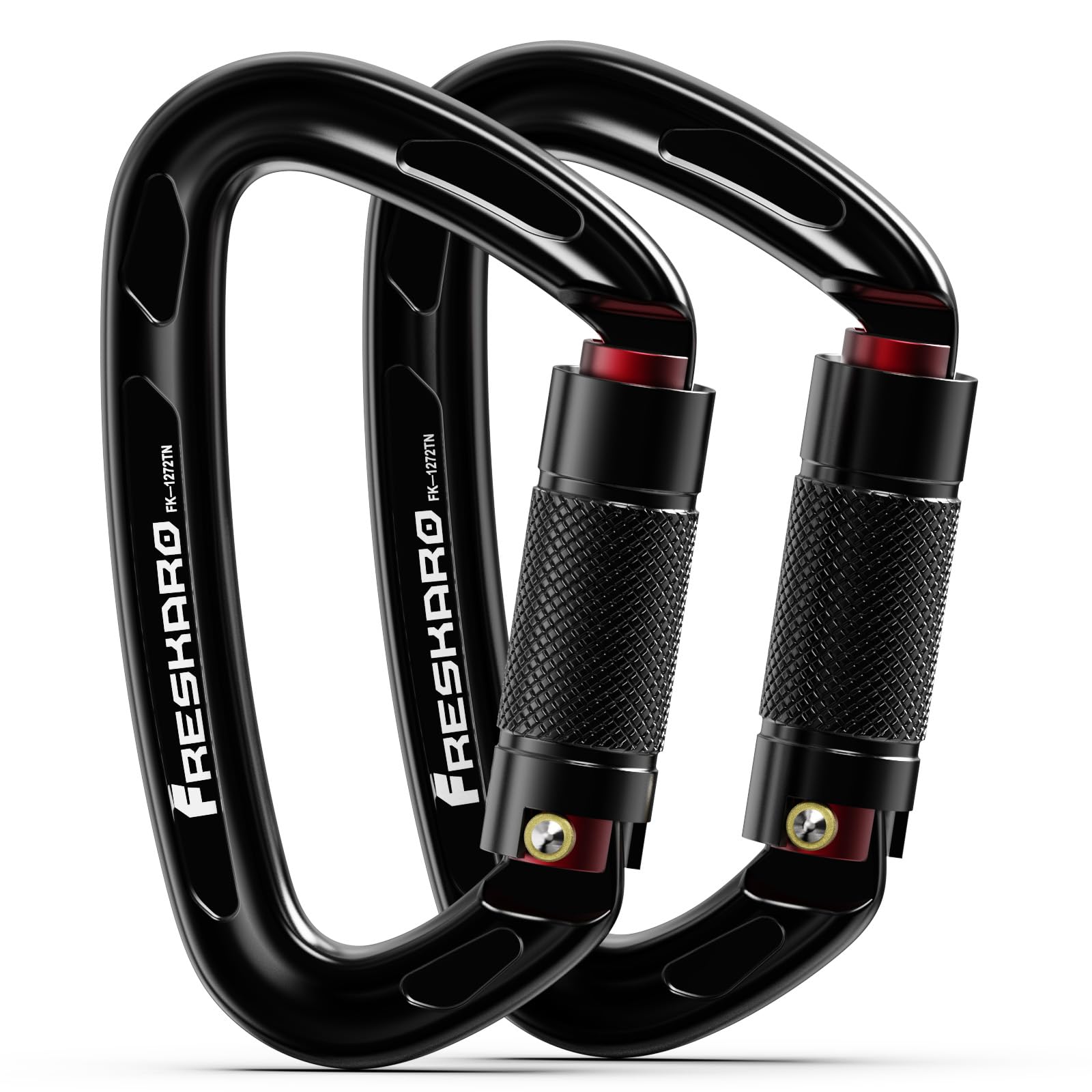 FresKaro CE and UIAA Certified Climbing Carabiners, 25kN/2550kg, Twist Lock, Suit for Rock Climbing, Rappelling, Camping, Dog Leash, Hammock, Swing, Yoga etc, D Shaped, Large Size, Black, 2pcs