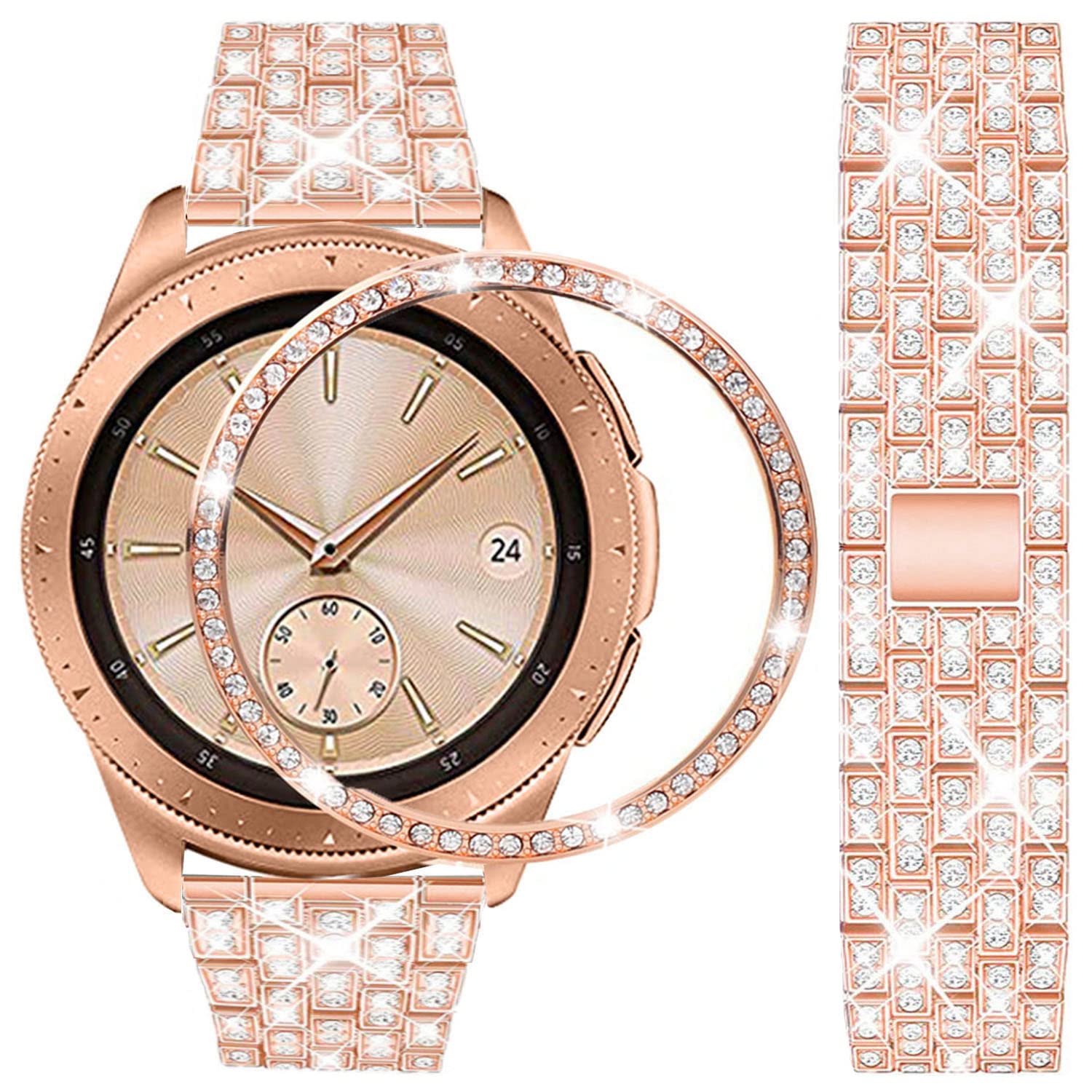 DEALELE Strap Compatible with Samsung Gear Sport/Galaxy Watch 42mm / Galaxy 4 Classic (42mm), 20mm Luxury Rhinestone Diamond Metal Bracelet with Bezel Ring Cover Replacement for Women Men, Rosegold