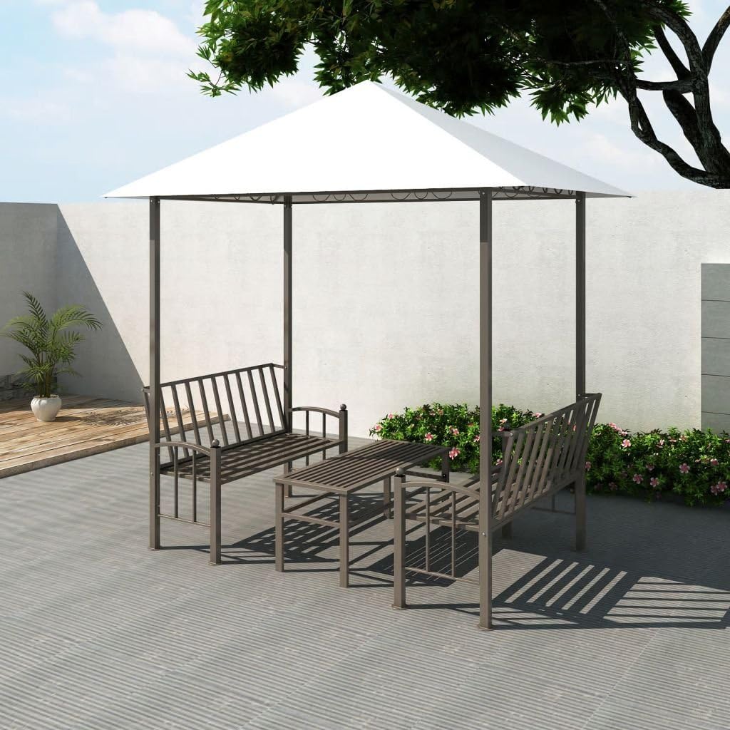 Daonanba Garden Pavilion Outdoor Gazebo with Table and Bench White and Brown 2.5x1.5x2.4 m