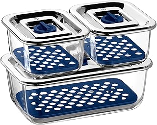 WMF Top Serve Frischhaltedosen Glas Set 3-tlg, Aufschnittbox Glas mit luftdichtem Deckel, Frischeventil, Aufbewahrung Glas mit Abtropfgitter, Käsedose