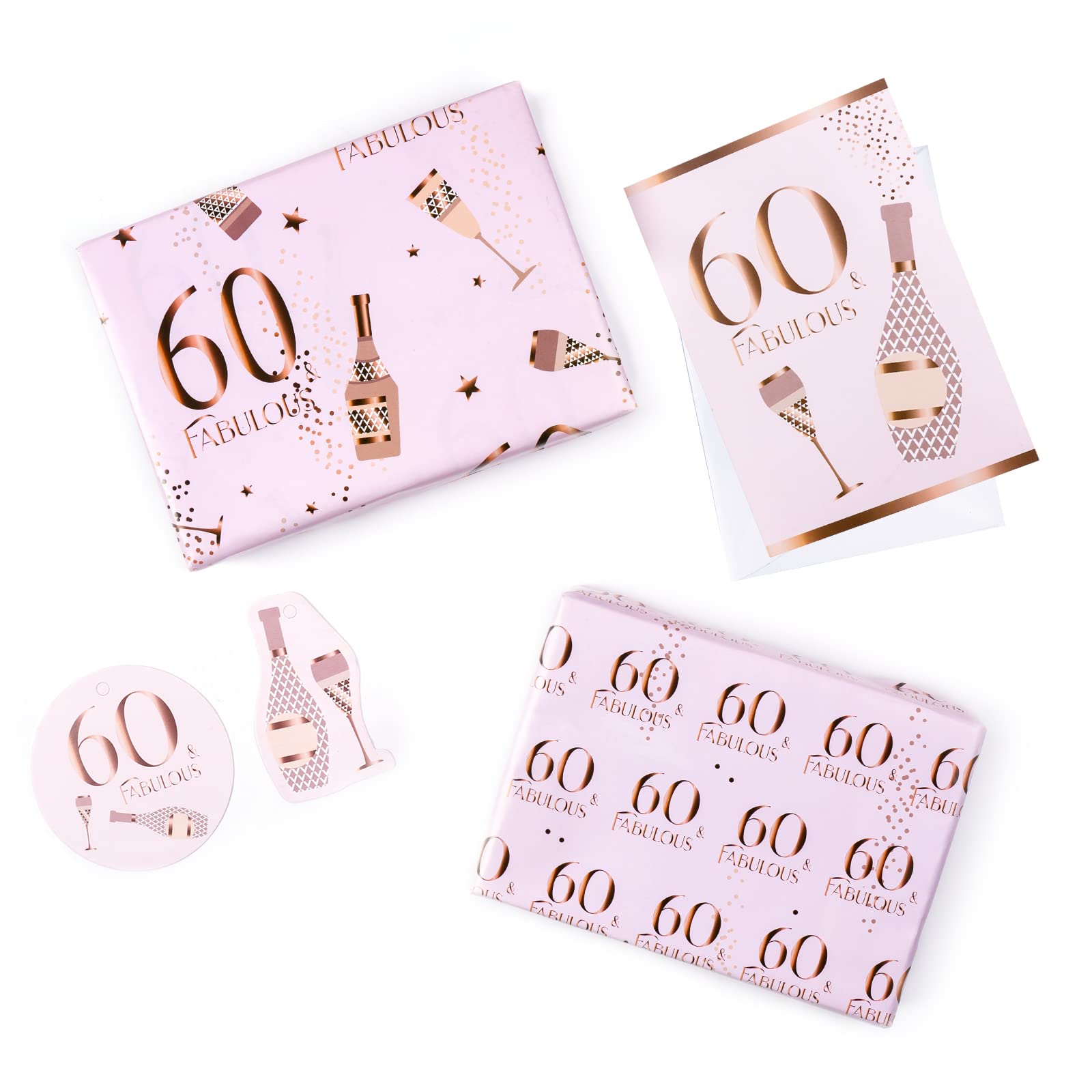 RUSPEPA Happy 60th Birthday Wrapping Paper Sheets Pink Design Including Greeting Card and Gift Tags for Birthday Wishes - 2 Fold Flat Sheets - 70cm x 1m per sheet