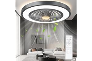 SYLEEN 22'' Ceiling Fans with Lights and Remote, DC Motor Stepless Dimmable Ceiling Fans with Night Light, 3000-6500K Color Temperature Celing Fan with Light Flush Mount with 6 Speeds Black