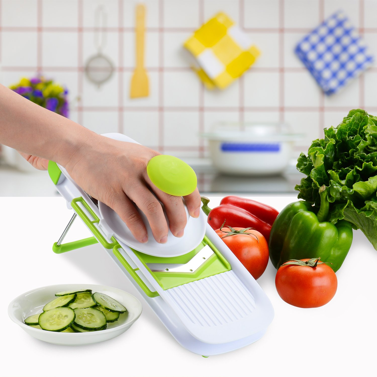 Mandoline Slicer with Free Cut resistant gloves, Potato Slicer-Vegetable Chopper Slicer with 5 Pieces Adjustable Stainless Steel Blades