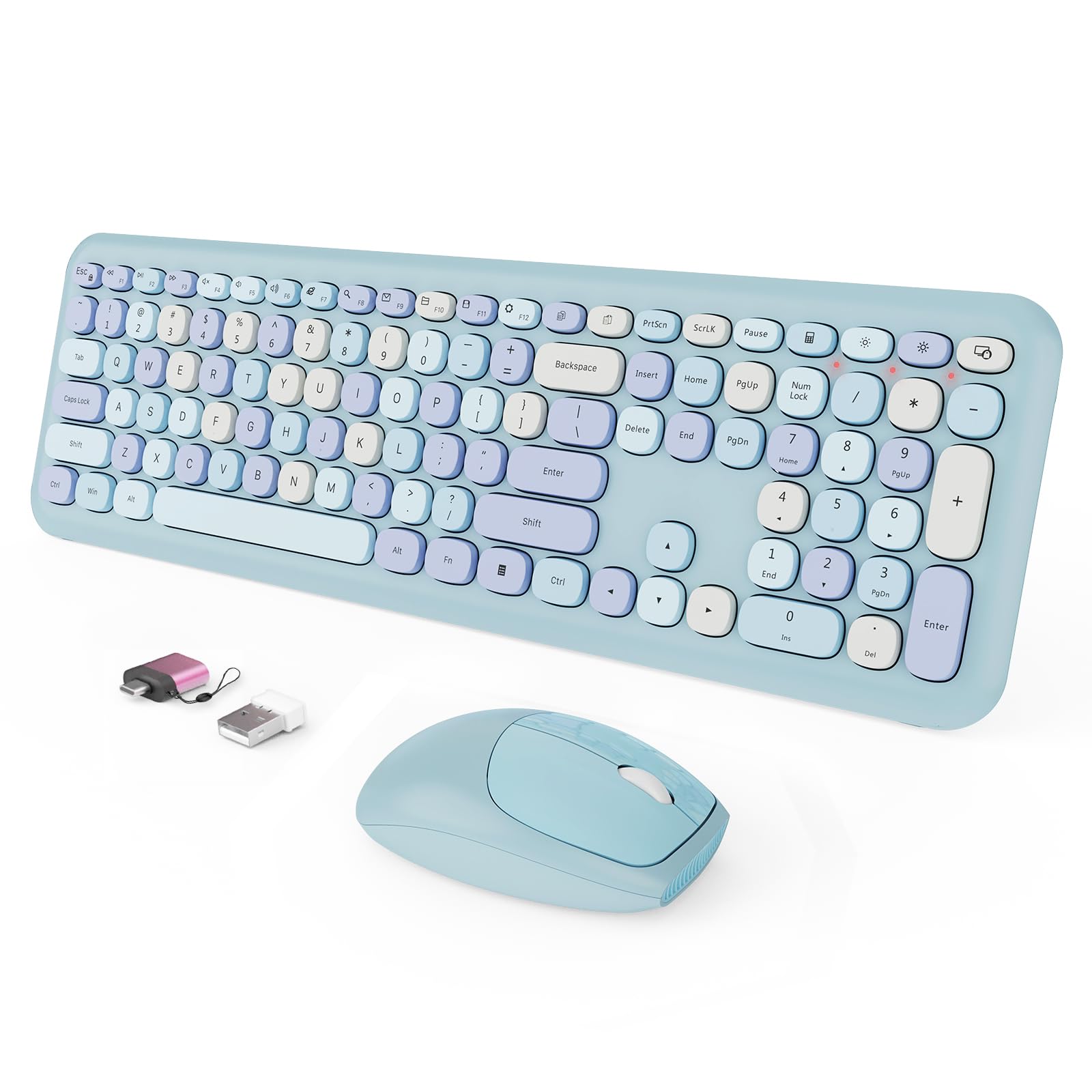 Photo 1 of Wireless Keyboard and Mouse Combo, Colorful Ergonomic Full Size Retro Low-Noise Keyboard with Cute keycaps, Compatible with Windows, PC, Perfer for Home and Office Keyboards (Blue)