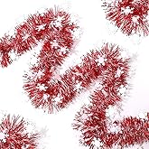 Psoeksdo 33Ft Christmas Tinsel Garland Xmas Tree Decorations Shiny Thick Red White with Snowflake Metallic Twist Foil Garland Ceiling Hanging Decor for Xmas New Year Party Indoor Outdoor Supplies