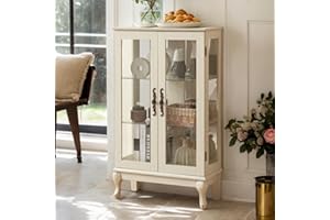 Eyisean Lighted Glass Display Cabinet 44" H Curio Cabinet with Tempered Glass Doors, Light Bulb Included, China Cabinet with 3 Adjustable Shelves and Mirrored Back Panel (White)