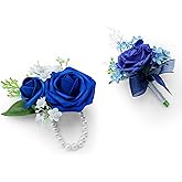aeloer Corsage Wristlet and Boutonniere Set, Royal Blue Corsage Wristlet with Pearl Bracelets & Artificial Rose Flower for Men Wedding Suit, Homecoming, Prom Decorations, 2 Pack