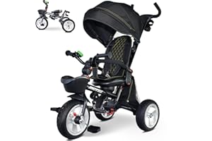 RIDYEE 7-in-1 Premium Toddler Tricycle for 18 Months to 5 Years, Tricycle for Toddlers with Rotatable Seat, Tricycle with All-Terrian Rubber Tire, Double Brake, Adjustable Push Handle, Black