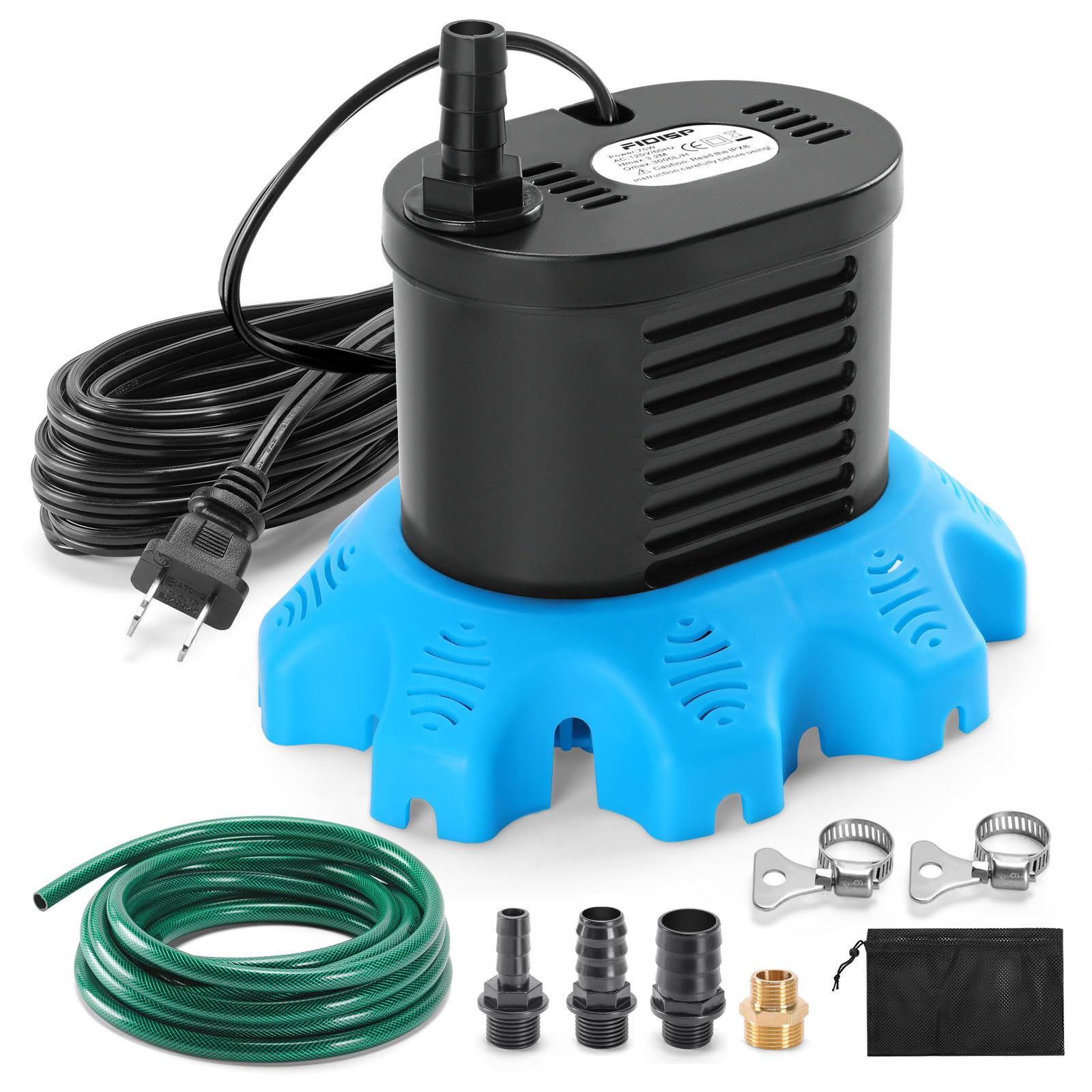 Photo 1 of FIDISP Pool Cover Pump, 850 GPH Water Pump for Pool Draining With 4 Hose Adapters, 23 FT Drain Hose, 25 FT Power Cord, Pool Cover Pumps Above Ground for Drainage of Pool Covers, Ponds and Tubs(Blue)