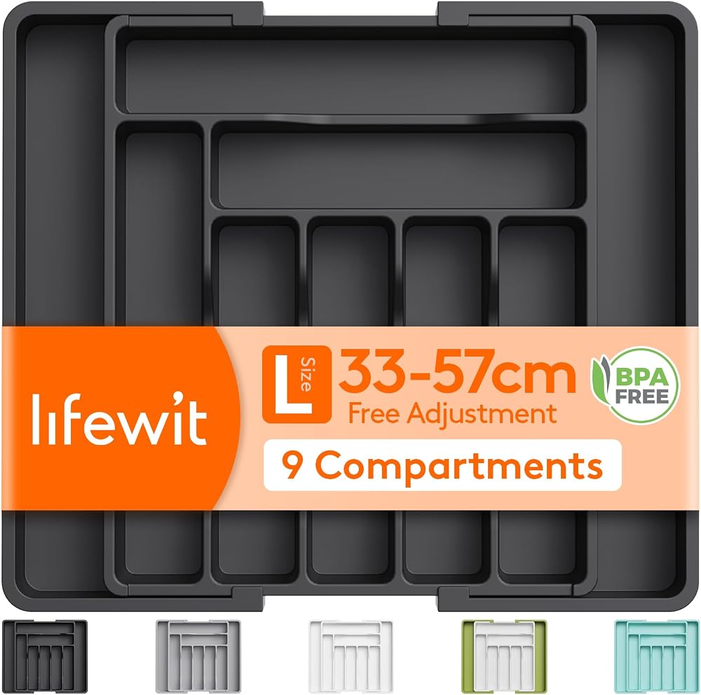 Lifewit Extendable Cutlery Drawer Organizer 9 Compartment 33-57cm Black