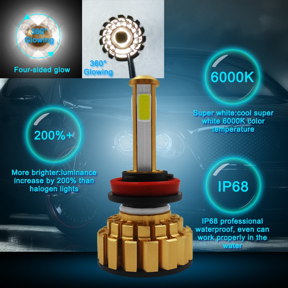 H11/H8/H9 LED Headlight Bulbs Conversion Kit, IP68 Waterproof, 80W COB Chips Conversion Kit, 8000Lm 6000K, Cool White - 3 Year Warranty, Pack of 2