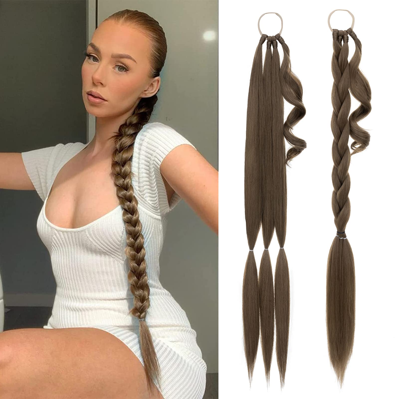 MY-LADY Long DIY Braided Ponytail Extension with Elastic Tie Straight Wrap Around Braid Hair Extensions Pony Tail Soft Synthetic Hairpiece for Women 34 inch Chocelate Brown mix Ash Blonde โ image 1