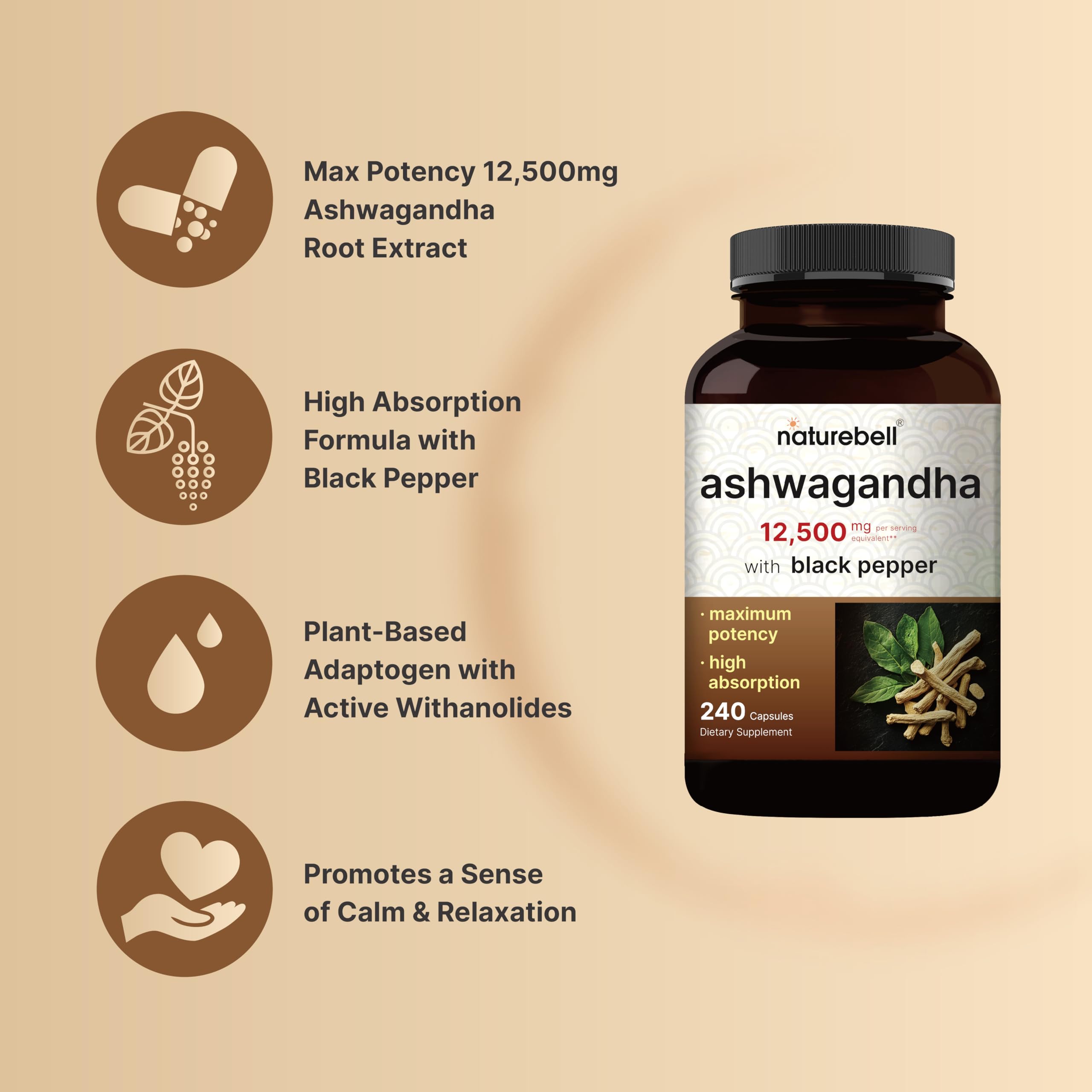 NatureBell Ashwagandha 12,500 mg Equivalent with Black Pepper, 240 Capsules | High Absorption Complex – Extra Strength 25:1 Root Extract – Adaptogens Supplements for Relaxation – Non-GMO