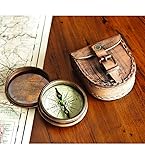 Antiqued Brass Poem Compass with Leather Case