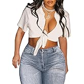 Avanova Women Sexy Tie Front Crop Tops Short Sleeve Summer Casual Club Tee Shirt