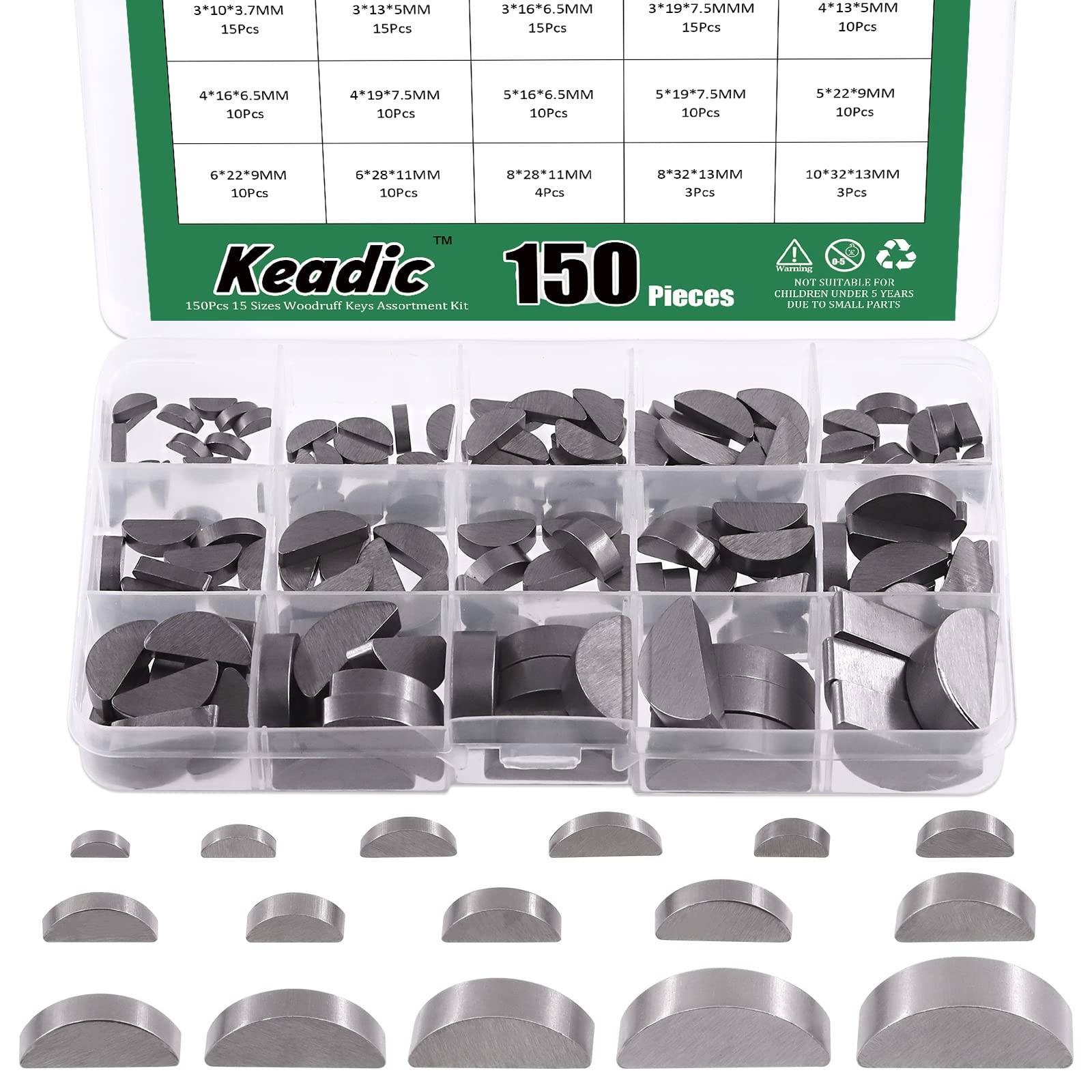Keadic 150Pcs 15 Sizes Metric Woodruff Key Assortment Set, Carbon Steel Half Moon Gear Shaft Drive Semicircle Bond Key Pulley Crank Hardware Accessories for Mechanical Industry Fasteners