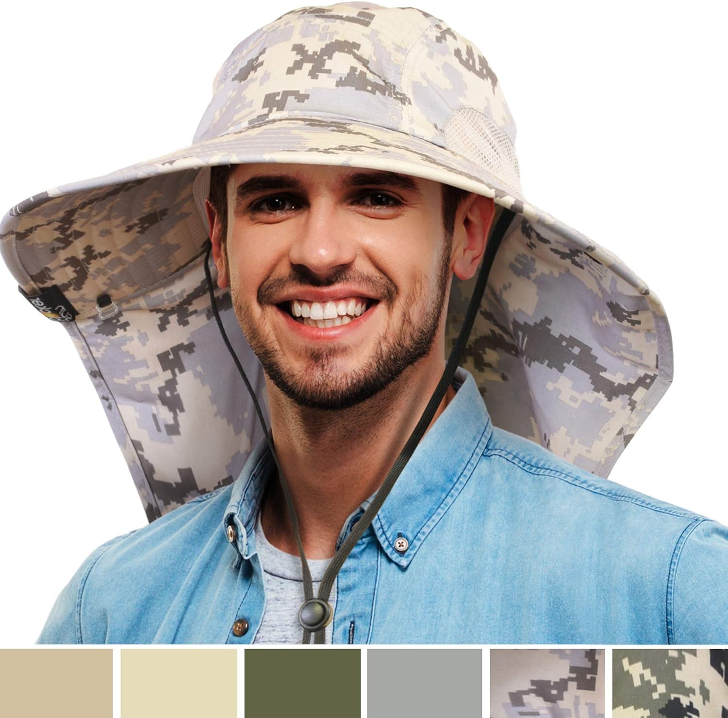 Mens Wide Brim Sun Hat with Neck Flap Fishing Safari Cap for Outdoor Hiking Camping Gardening Lawn Field Work, Grey: Clothing