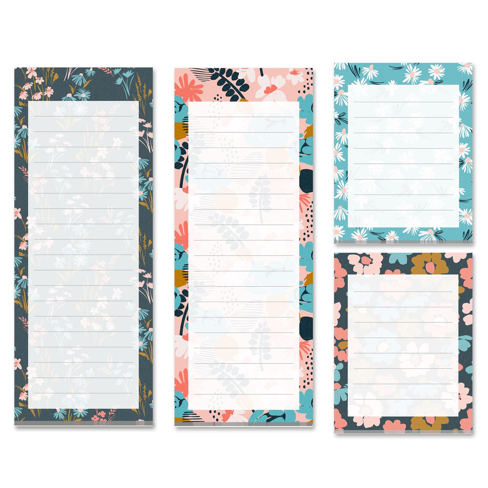 Prims & Flourish Magnetic Notepads for Refrigerator, 4-Pack Grocery List Magnet Pad for Fridge, to-Do List, Reminders, Scratch Pads, Floral Designs, 60 Sheets Per Pad