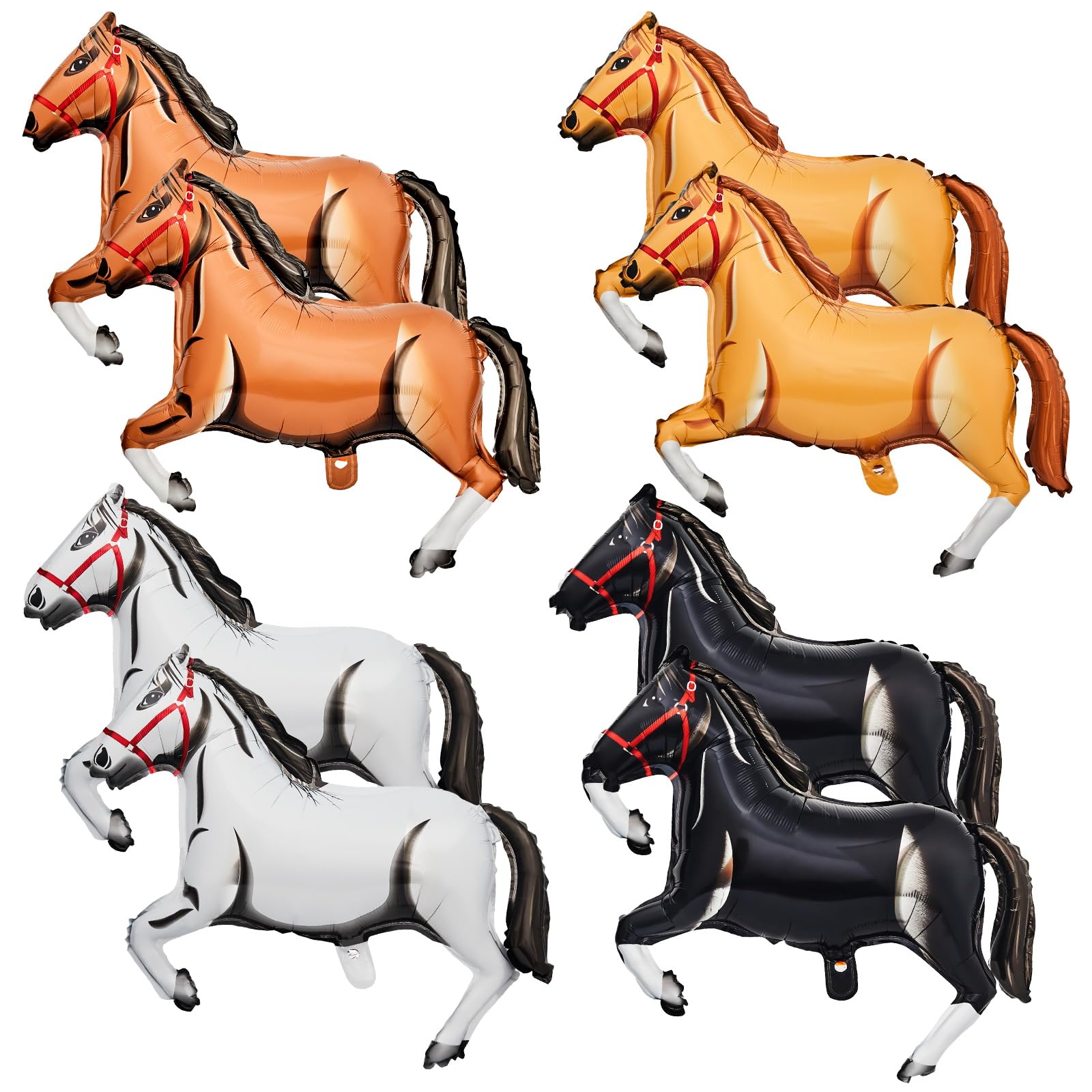 8 Pieces 30 Inches Horse Balloon Aluminum Foil Inflatable Horse Party Decoration Western Themed Balloons for Cowboy Birthday(Black, Brown, Yellow, White)