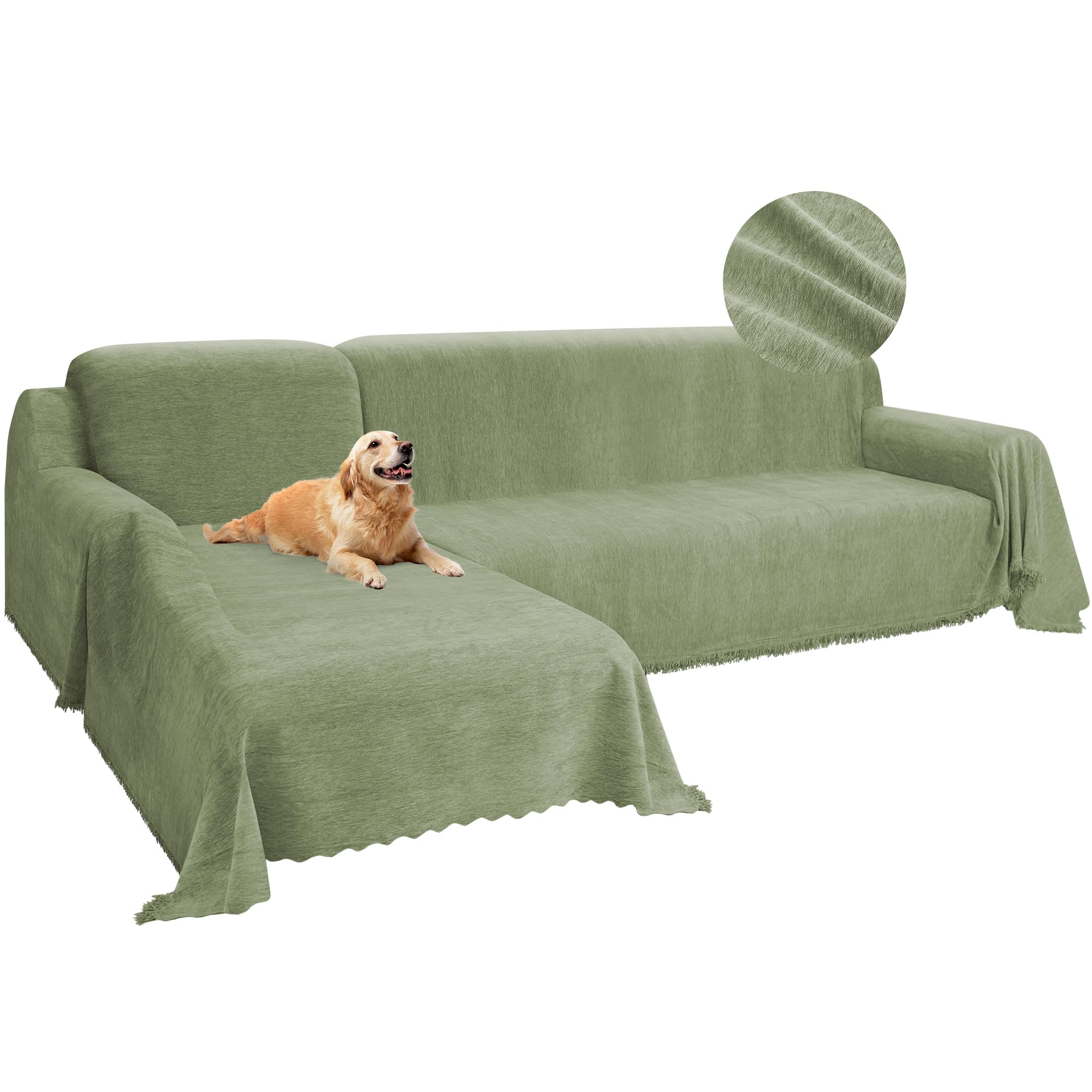 Photo 1 of HDCAXKJ Chenille Couch Covers for Sectional Sofa L Shape Sofa Cover Blanket with Tassel 2-Piece L Shaped Sectional Slipcovers with Chaise Washable Pet Dog Furniture Protector (Sage Green, XX-Large)