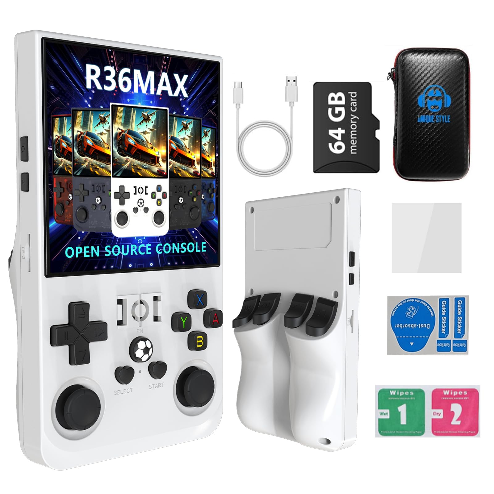 Photo 1 of ?R36MAX 4000mAh Portable Rechargeable Handheld Retro Game Console,Comfort Non-Slip Handheld Standing Retro Game Console with 64G TF Car,4.0-inch Screen,for Office,White