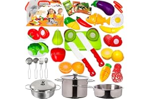 FUNERICA Play Food and Realistic Stainless-Steel Pots and Pans and Utensils - Cutting Fake Food and Pretend Toy Kitchen Accessories Cooking Toy Playset for Toddlers and Kids