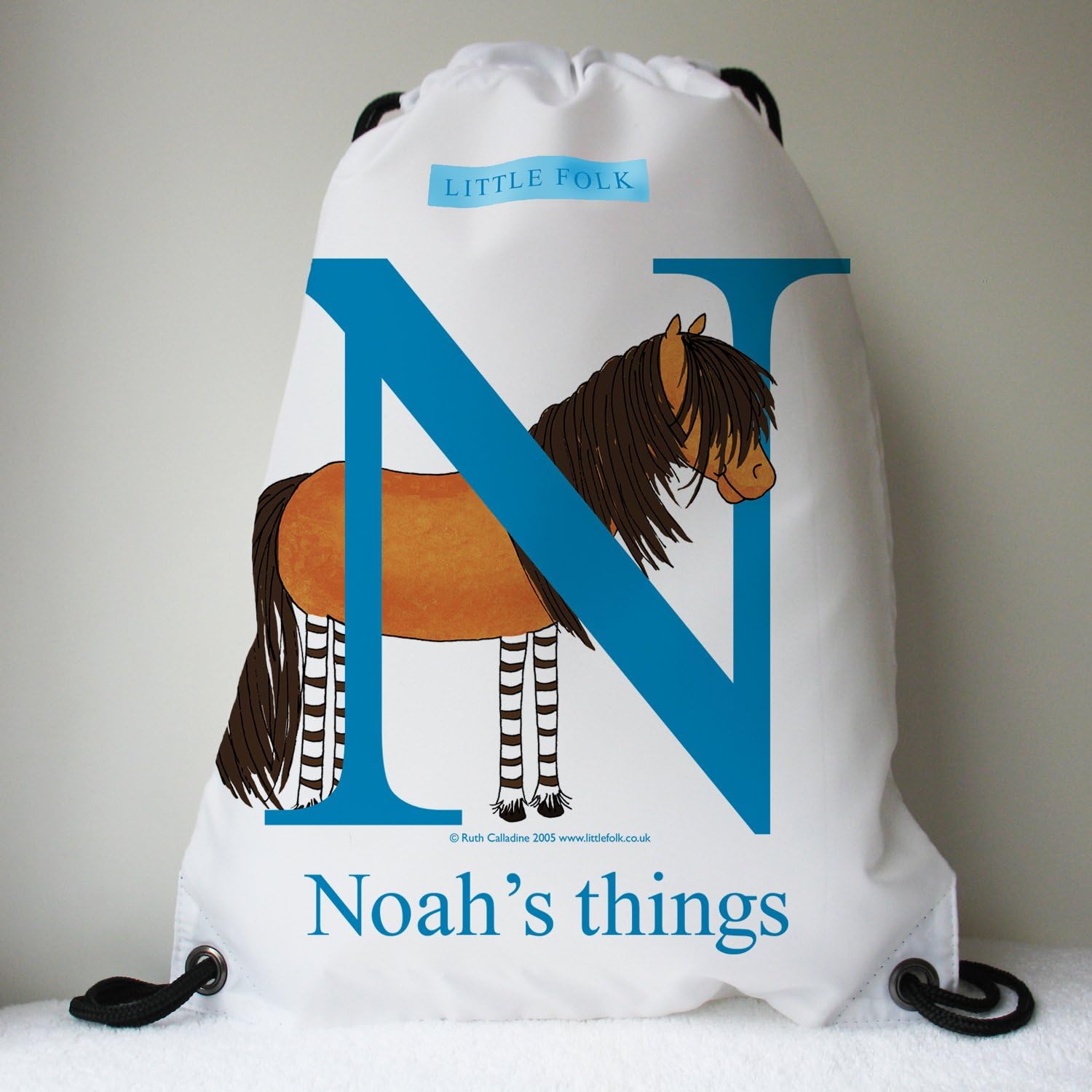 Little Folk Personalised Drawstring Swimming, Grooming Kit Bags for Girls & Boys - Tinker the Little Shetland Pony from the Alphabet Range