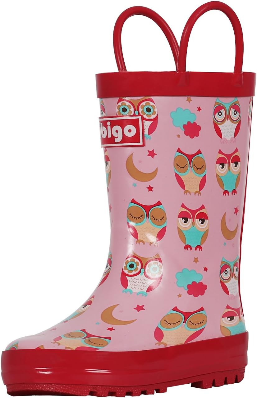 hibigo Children's Natural Rubber Rain Boots with Handles Easy for Little Kids & Toddler Girls Pattern and Boys Girls, Solid