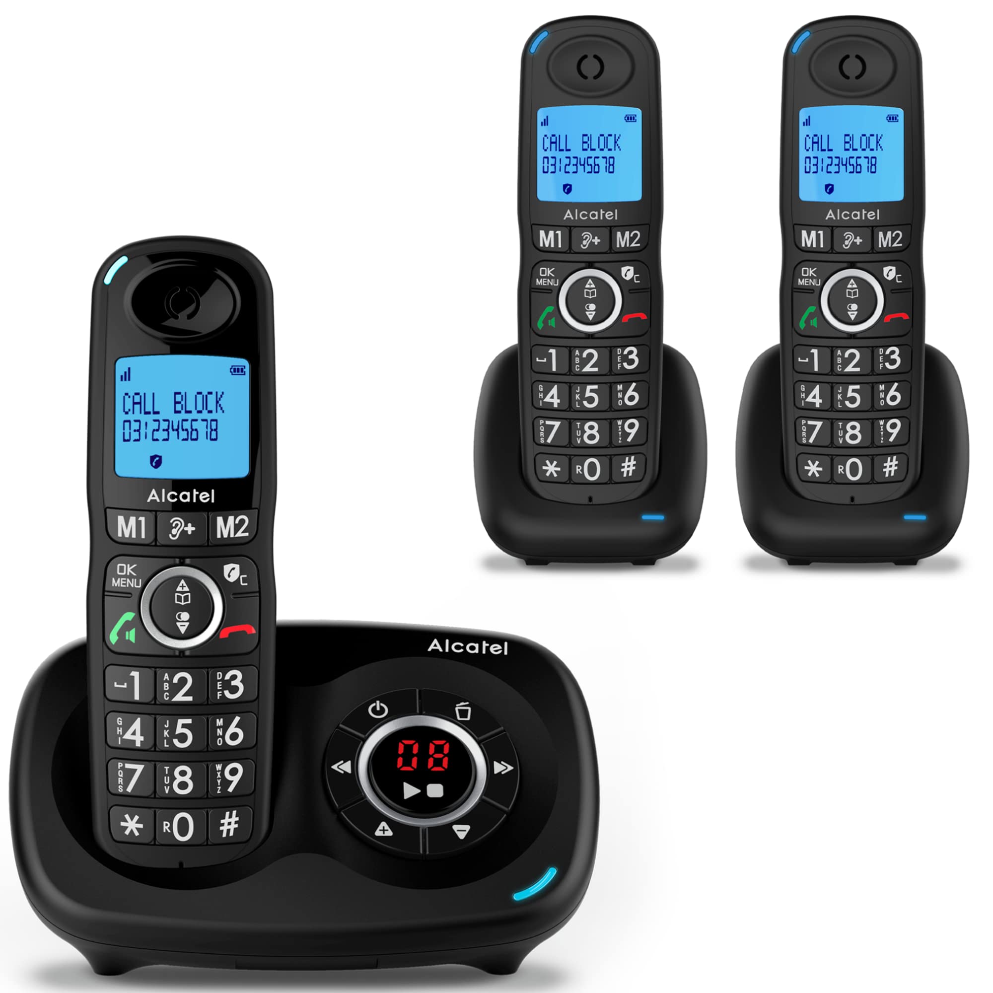 ALCATEL XL595 B Voice Trio - Senior Cordless Phone With Answering Machine - Large Backlit Display - Handsfree - Call Barring - Audio Boost - 14 Min Answering Machine - 3 Handsets - Black