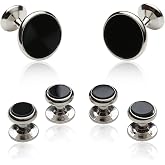 Mens Black Onyx and Silver Cufflinks Studs Tuxedo Formal Set with Presentation Box Groom Groomsmen Wedding
