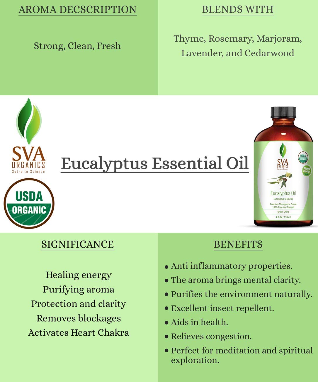 SVA Organics Eucalyptus Essential Oil Organic 4 Oz USDA with Dropper 100% Pure Natural Undiluted Premium Therapeutic Grade Oil for Diffuser, Aromatherapy, Face, Body & Hair Care: Beauty
