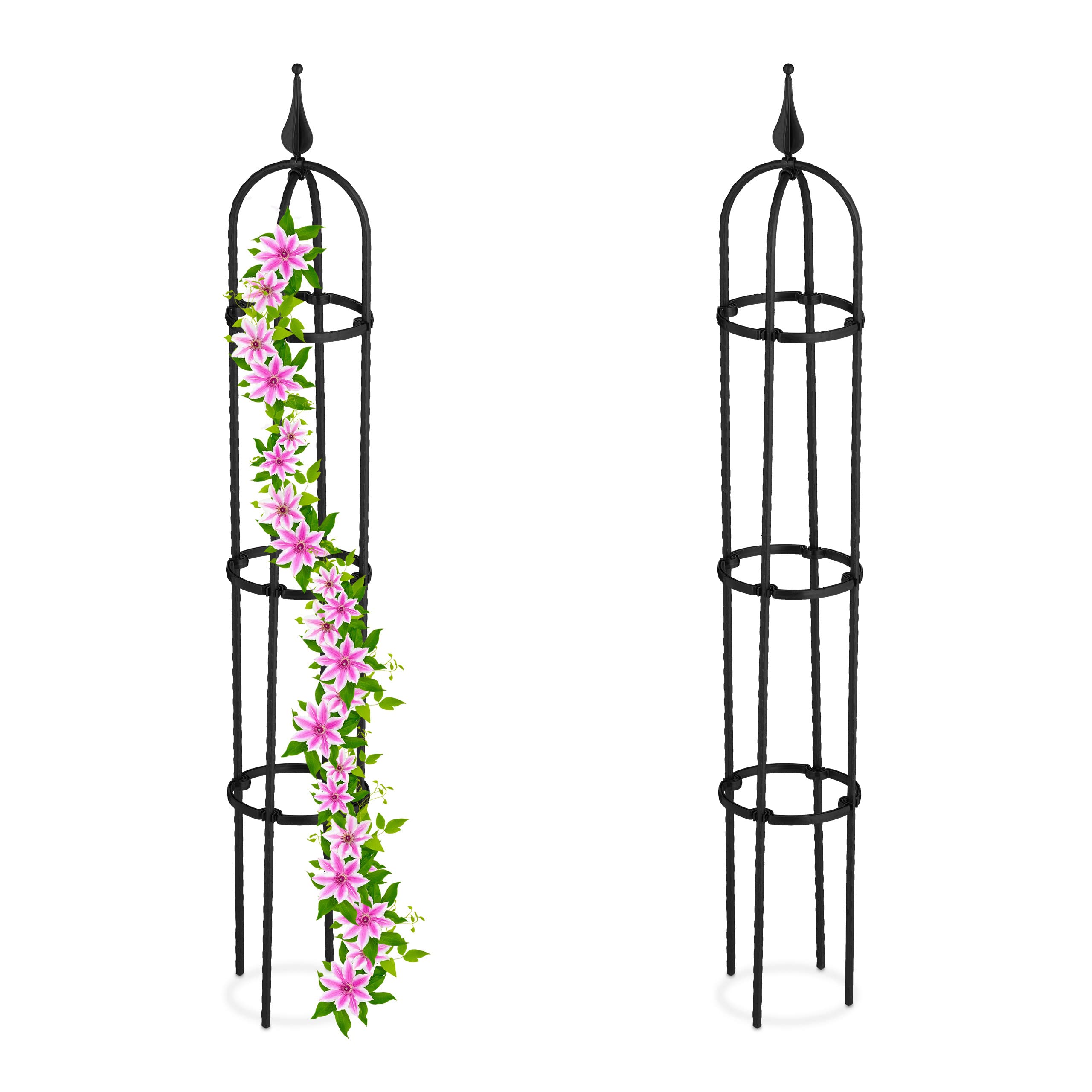 Relaxdays Garden Obelisk, Set of 2, 100 cm Tall, Support for Climbing Plants, Metal, Free-Standing, Rose Cage, Black, Steel