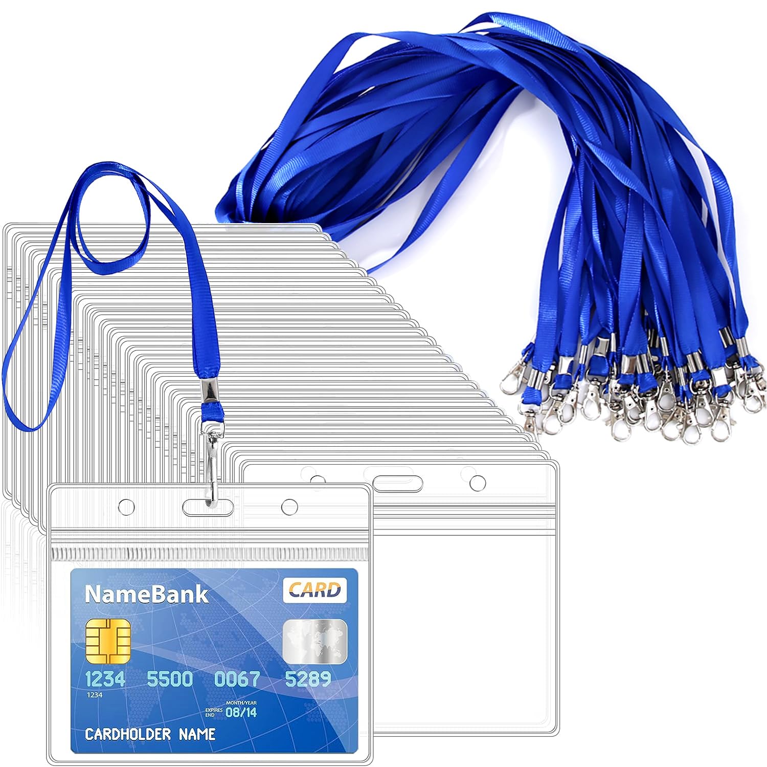 36pcs Blue Lanyards for Neck with 36pcs Card Holder, Clear Plastic ID Card Holder and Lanyard, Horizontal Sealable Waterproof Name Badge Holders with Lanyard for ID Cards, Office, School, Bus Passes