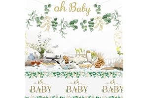 Eucalyptus Leaves Tablecloth, Light Green Leaves Oh Baby Plastic Table Cloth, Disposable Rectangle Table Cover for Baby Showe