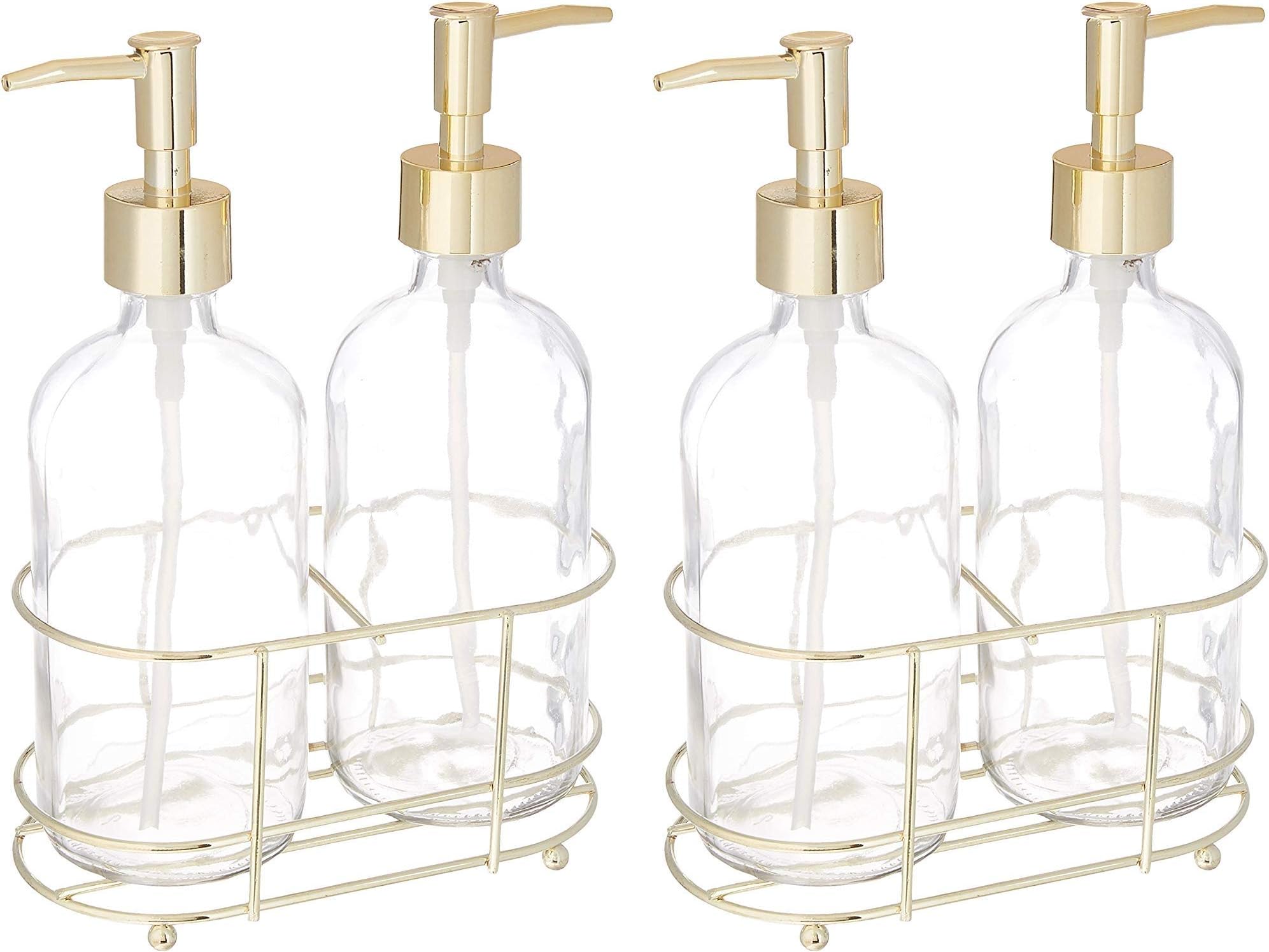 Circleware 32465 Duo Gold Dispenser Accent Bottle Pumps in Metal Caddy Set of 2, Bathroom Accessories Home Decor for Essential Oils, Lotions, Liquid Soaps, 16 oz, Clear (Twะพ Pะฐck)