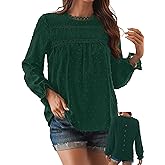 Falechay Womens Boho Tops Long Sleeve Shirts For Women Cute Crewneck Blouse Dressy Casual Swiss Dot Crochet Hollow Top 2026