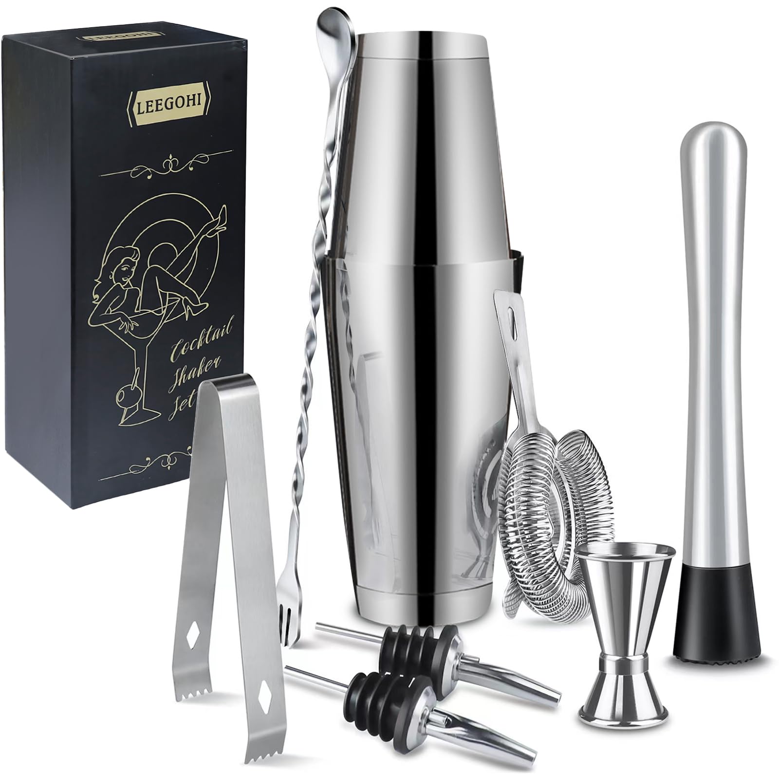 Boston Cocktail Shaker Set|8pcs Cocktail Making Set Stainless Steel 700/600mlShakers|Bartender Kit Bar Tool Set with Strainer, Pourers, Muddler, Double Jigger, Mixing Spoon at Home & Bar Gift Set