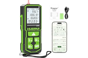 Huepar Laser Distance Measure 200Ft. Digital Rechargeable Laser Measuring Tool with Bluetooth -Phone APP, 1/16in Accuracy, Angle Sensor, M/in/Ft Unit, Pythagorean Mode, Measure Distance, Area, Volume