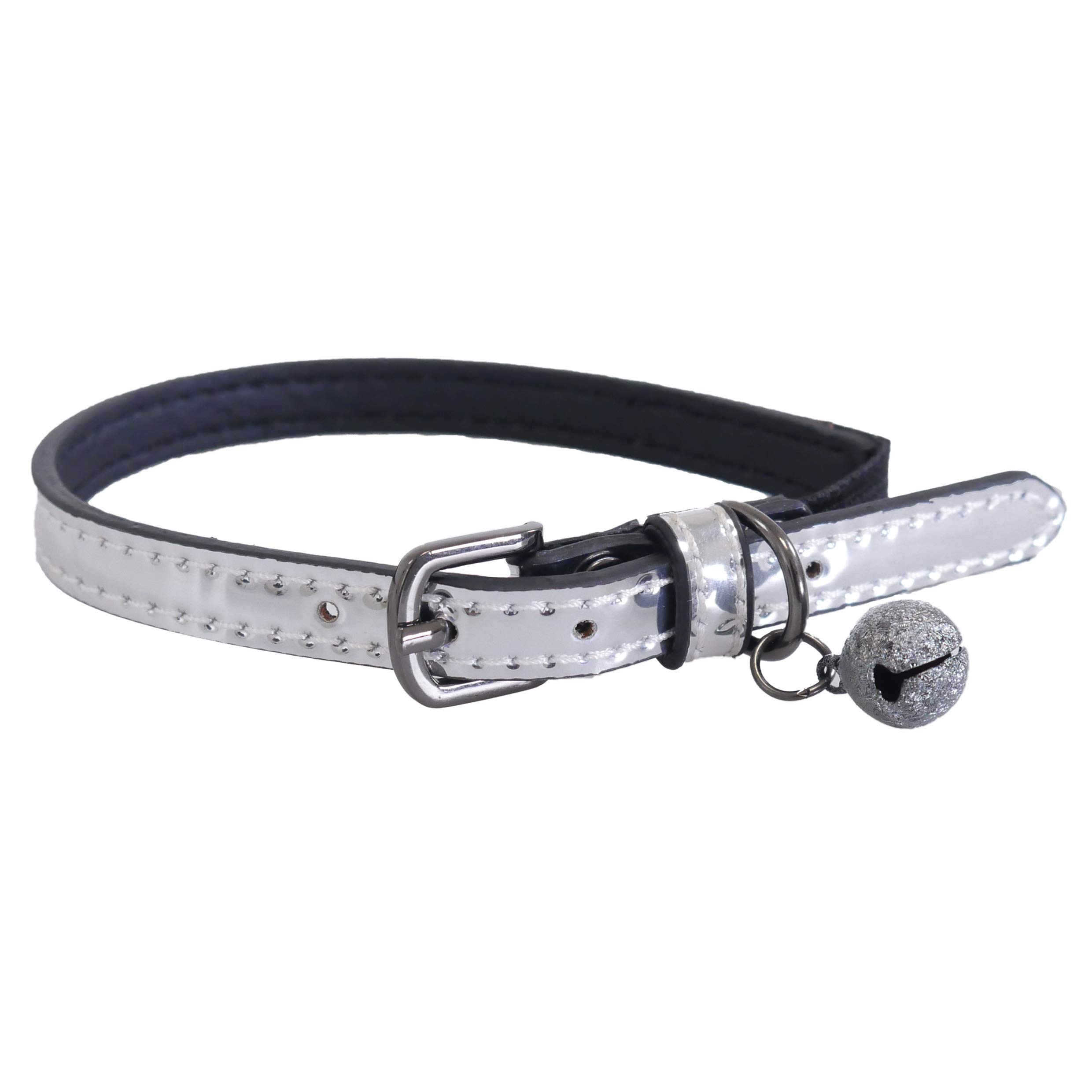 Rosewood Silver Designer Cat Collar, Faux Leather Silver, Adjustable Buckle, Stylish & Durable Cat Collar with Bell for Cats & Kittens, Sleek Design for Comfort & Style
