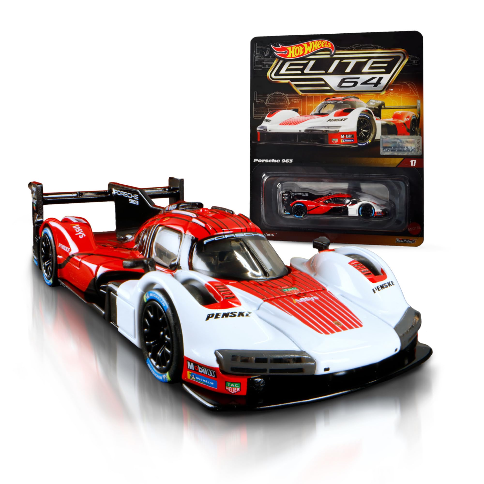 Hot Wheels Elite 64 Porsche 963, Auto im Maßstab 1:64, teilweise inspiriert von den legendären Porsche-Rennwagen der 80er Jahre, für Sammler, JCP46