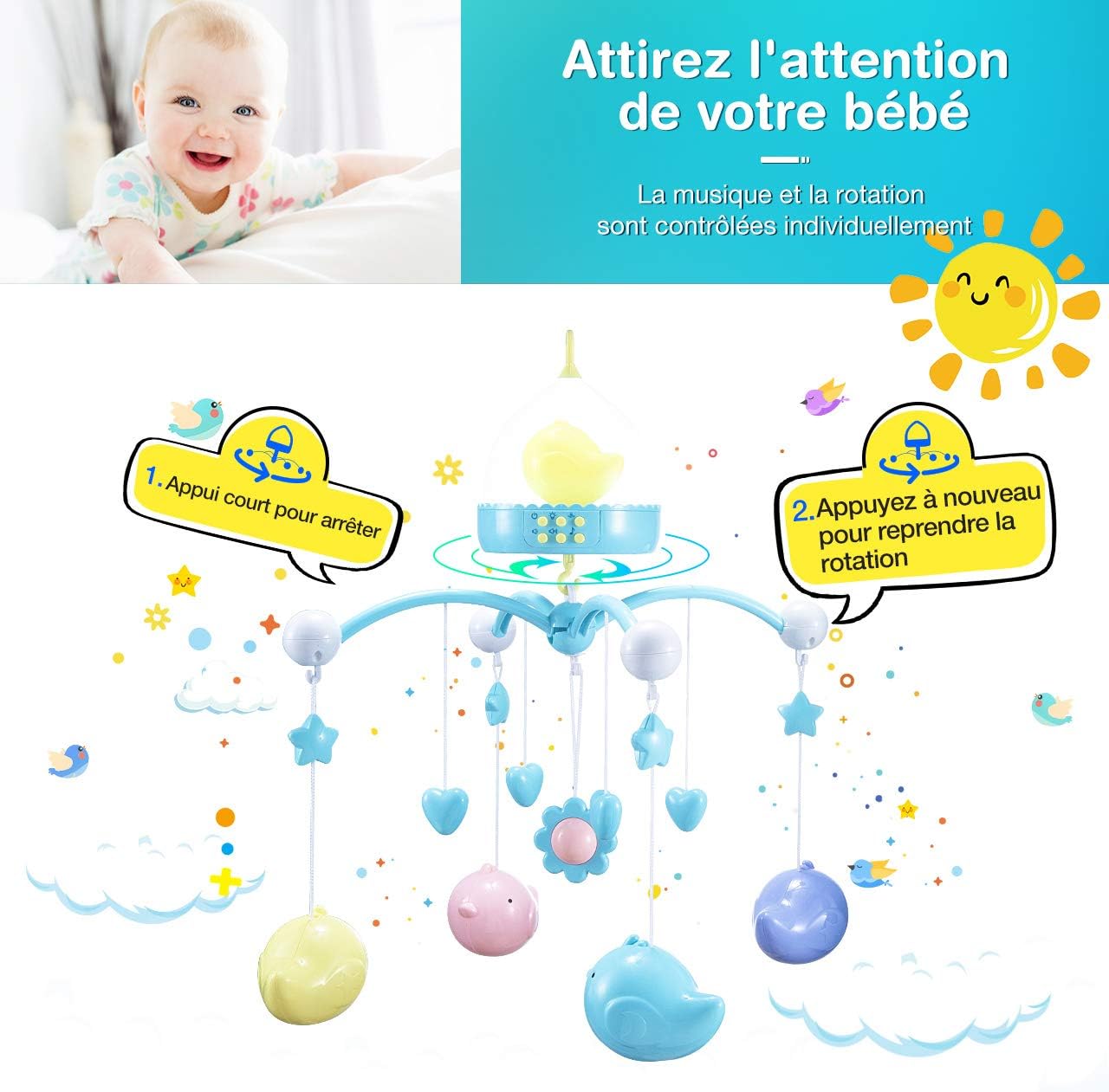 Eillybird Mobile De Voyage Musical Pour Bebe Jouet Musical Mobile Pour Lit De Bebe Mobile De Lit Denfant Mobile A Rotation Avec Etoiles Et Planete Pour Bebes Nouveau Nes Jusqu Agrav Bebe Et Puericulture