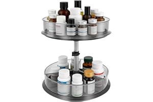 UKQRRTC 2 Tier Lazy Susan Turntable, Medicine Cabinet Organizer with Height Adjustable Telescopic Pole, 360° Smooth Rotation 