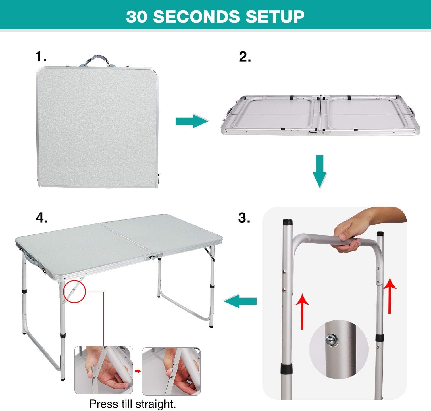 CAMPMOON Folding Camping Table 4 Foot, Lightweight Portable Aluminum Folding Table with Adjustable Legs, Great for Outdoor Cooking Picnic, White: Kitchen & Dining