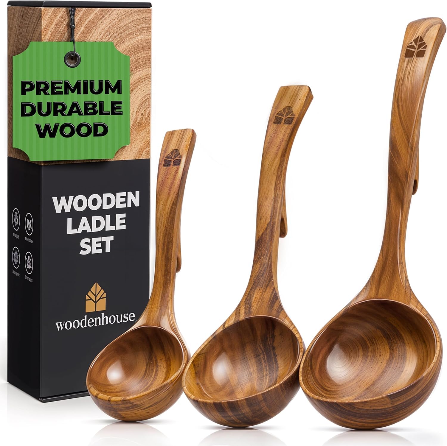Wooden Ladle Spoon Set, 3 Size Teak Wood Kitchen Serving Spoon with Back Hooks for Pot & Bowl, Non-Stick Wooden Spoon Set for Cooking, Serving and Stirring