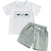 Kavousa Toddler Boy Summer Outfits Baby Boy Animal Print Short Sleeves T-Shirt Plaid Shorts Set Infant Boy Clothes Set