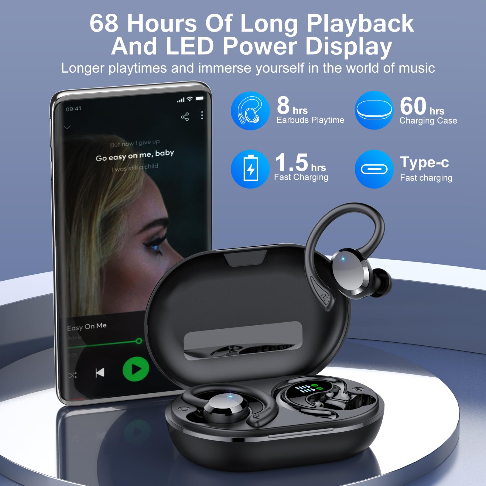 Bluetooth Kopfhörer Sport, Kopfhörer Kabellos Bluetooth 5.4 mit 4 ENC Noise Cancelling Mic, 68Std Hi-Fi Stereo Tiefer Bass Wireless Earbuds, LED-Anzeige, IP7 Wasserdicht Ohrhörer mit Ohrhaken 2
