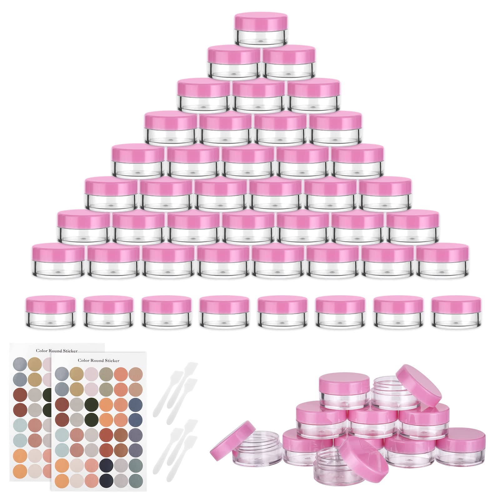 Flintronic Plastic Cosmetic Jar 64 * 5ml, Transparent & Visible Sample Container Jar, Pink Screw Cap Bottle with Sticker & Small Spoon, Suitable for Cosmetic/cream/gel/paste/beads/mineral Items Etc. — image 1