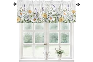 YOKOU Kitchen Curtain Valance, Lavender Daisy Flower Eucalyptus Leaves Watercolor Floral Spring Short Rod Pocket Window Curtain for Bedroom, Bathroom, 1 Panel, 54" W x 18" L