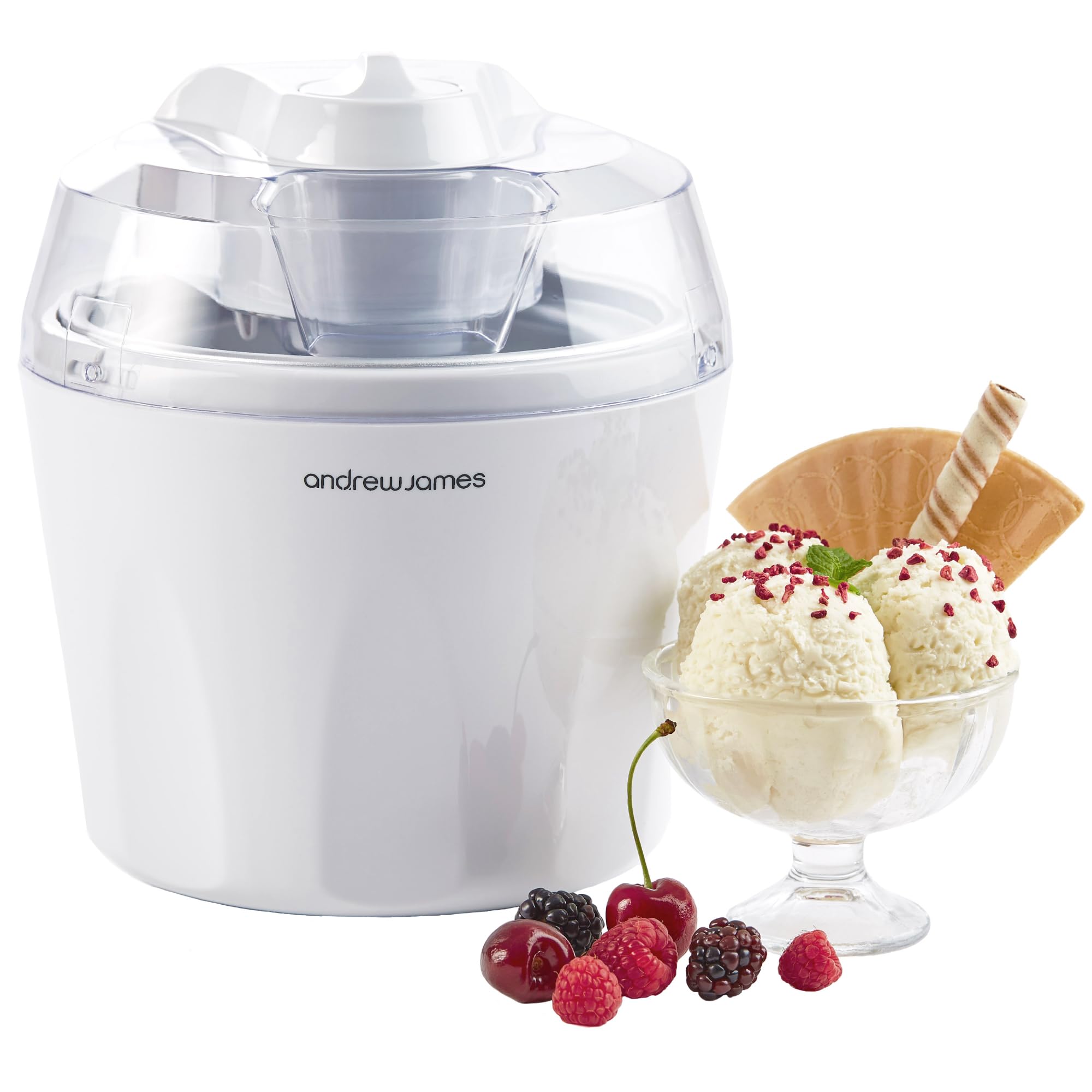 Andrew James Ice Cream Maker 1.5L – Ice-cream Maker, Gelato & Sorbet Machine for Home, Homemade Frozen Dessert Maker Ice Cream Machine, Ready in 20 Minutes – White